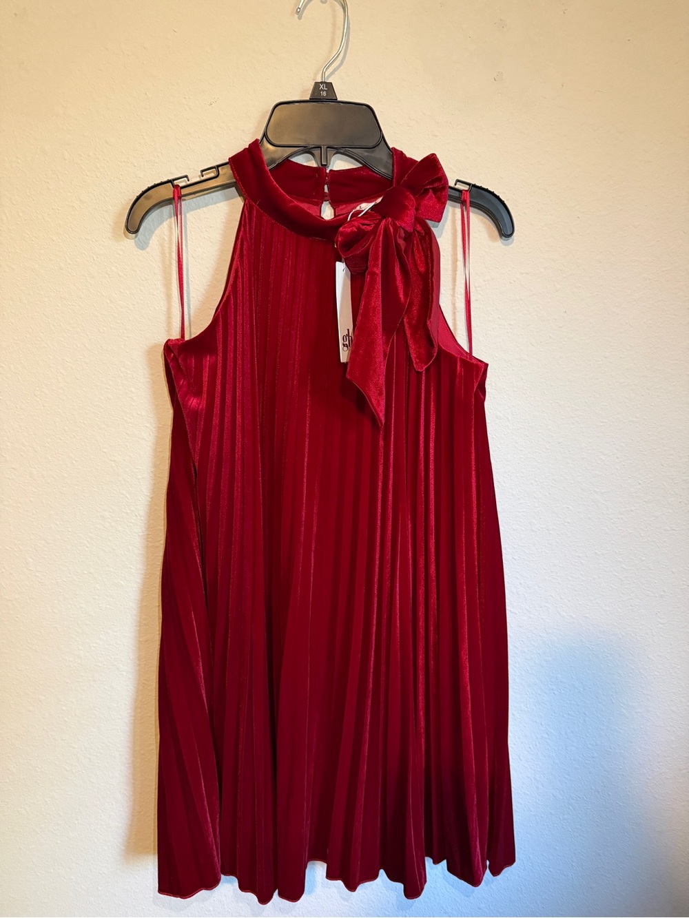 NWT GB girls Red Velvet Bow-Neck Mini Dress. Sz.L color Red